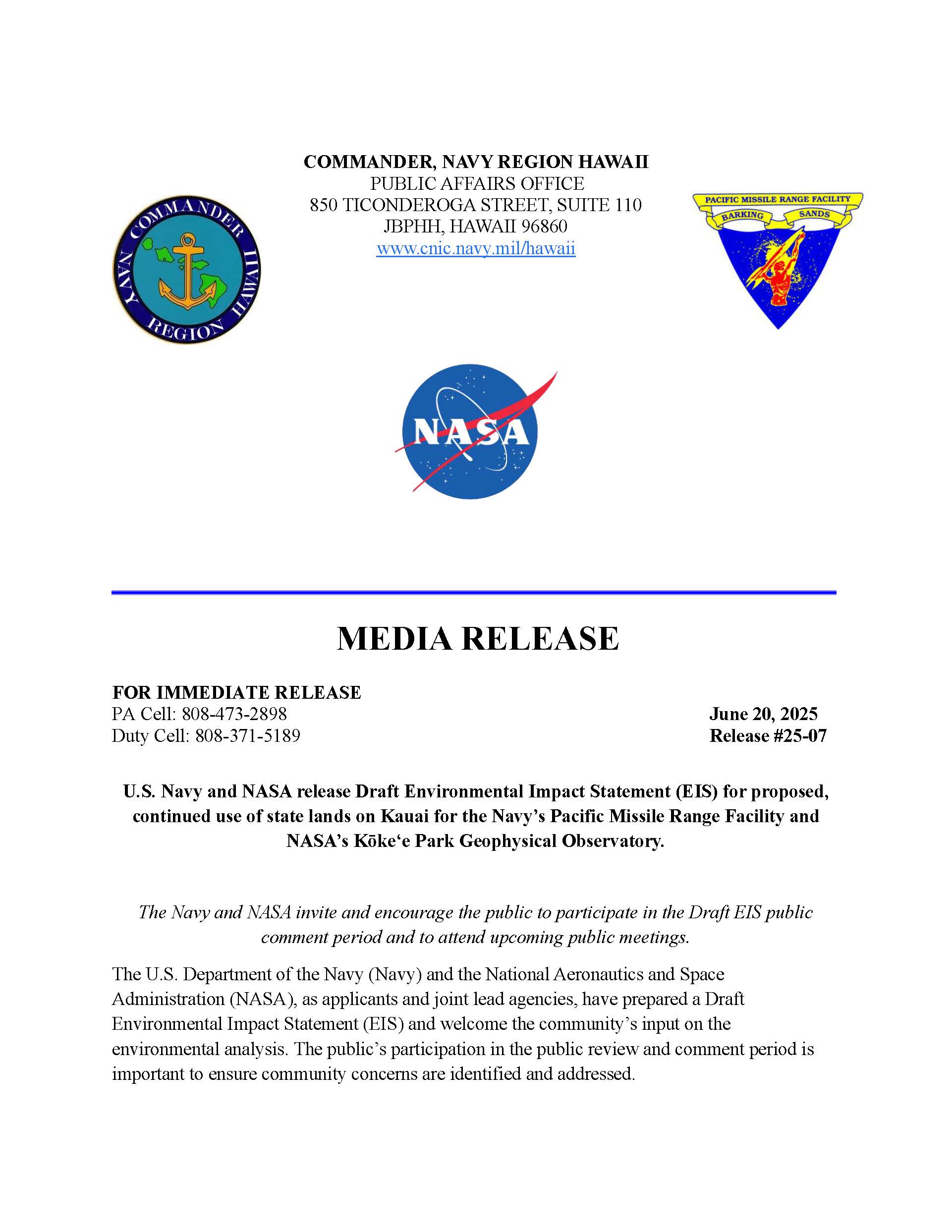 PMRF and NASA Real Estate Draft EIS Available for Public Comment