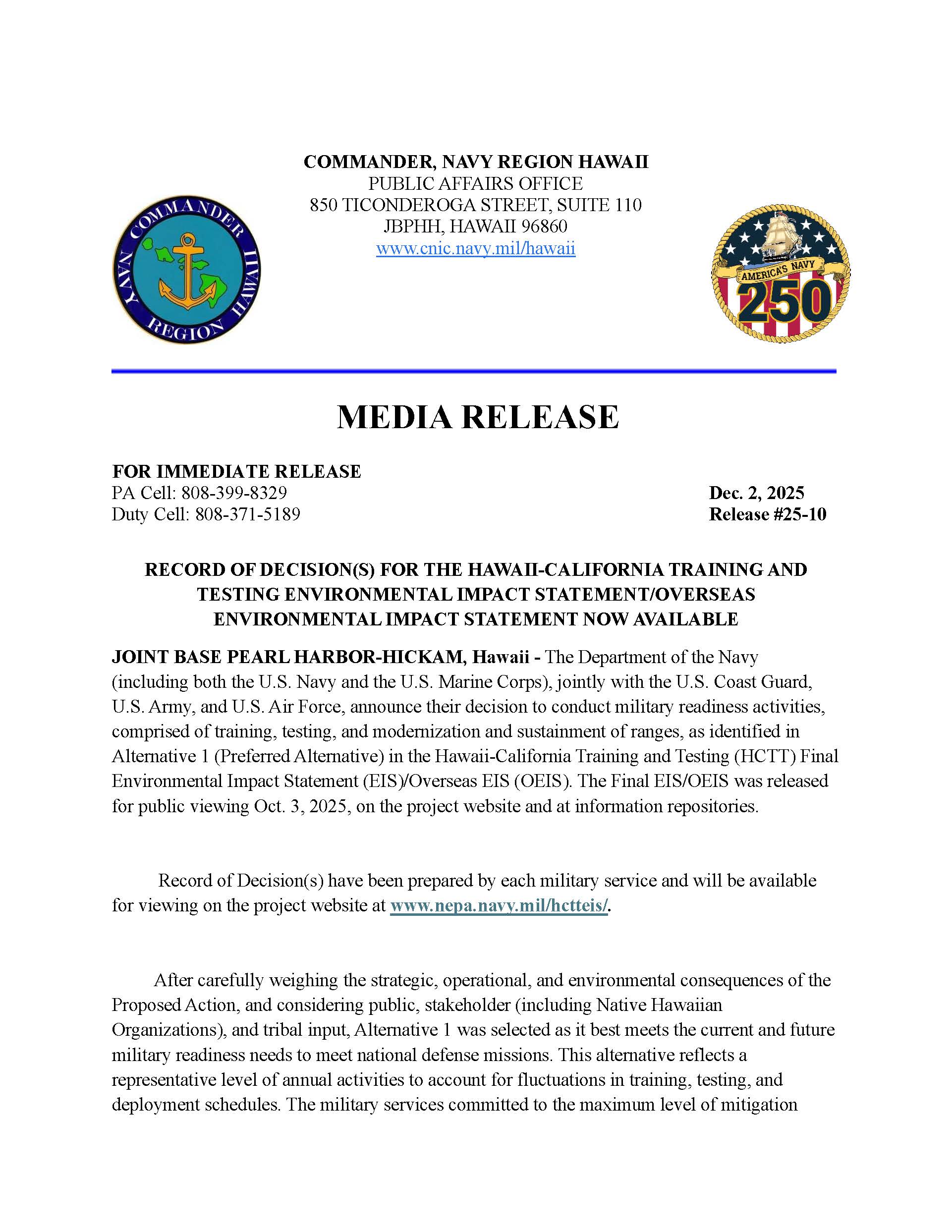 Notice of Availability of a Record of Decision for Hawaii-California Training and Testing