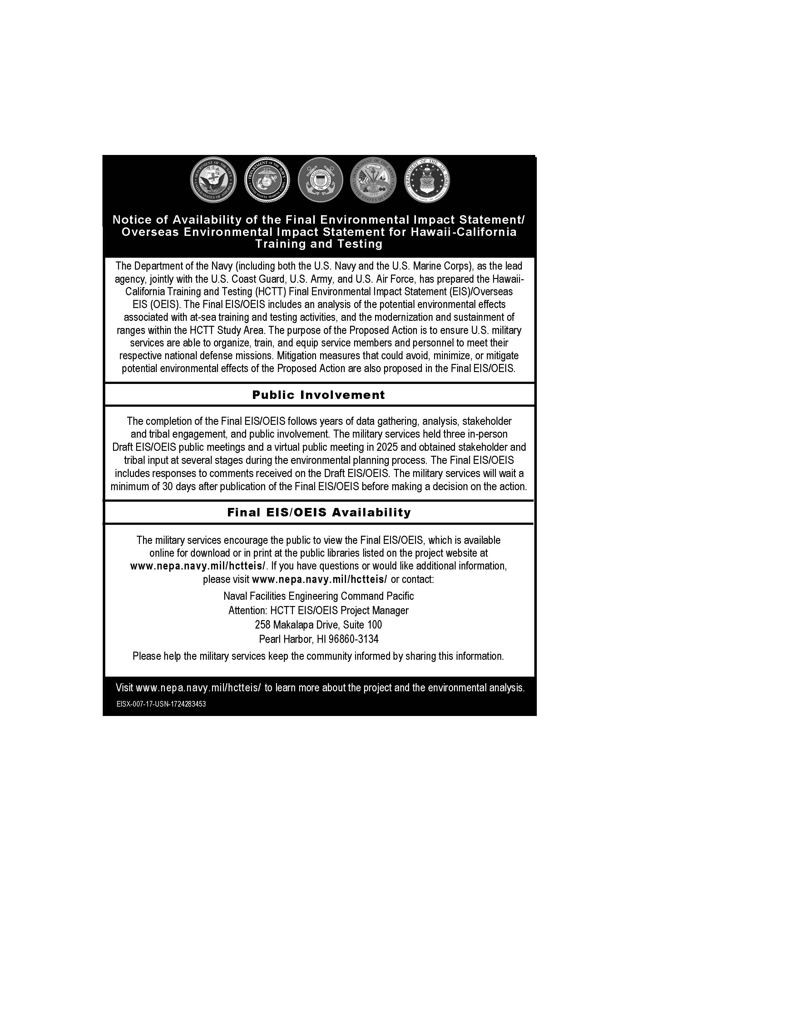 Notice of Availability of the Final EIS/OEIS for Hawaii-California Training and Testing