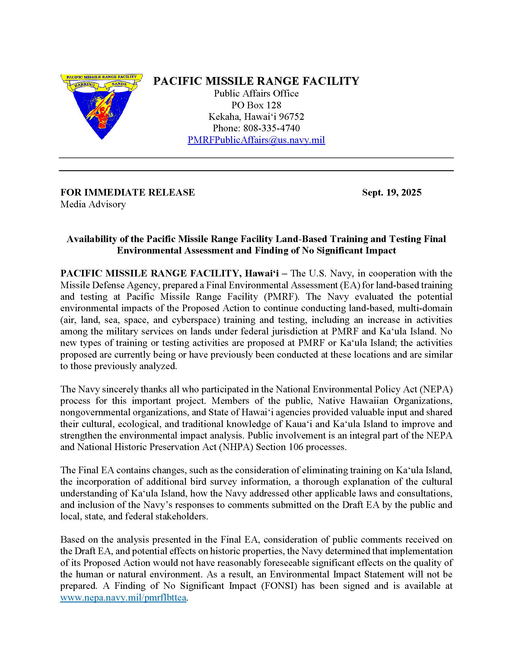 PMRF Land-Based Training and Testing Final EA Now Available